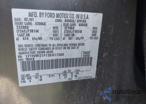 2002 Ford F-250 Lariat/Xl/Xlt z USA, uszkodzony, nr VIN 1FTNW21F12EA11260